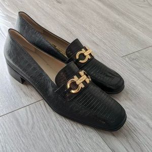 Salvatore Ferragamo Black Lizard Square Toe Gancini Bit Loafers Size 8 AA
